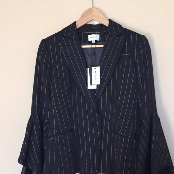 MILLY Ruffle Sleeve Pinstripe Blazer/Jacket - Size 2 - Picture 6 of 9
